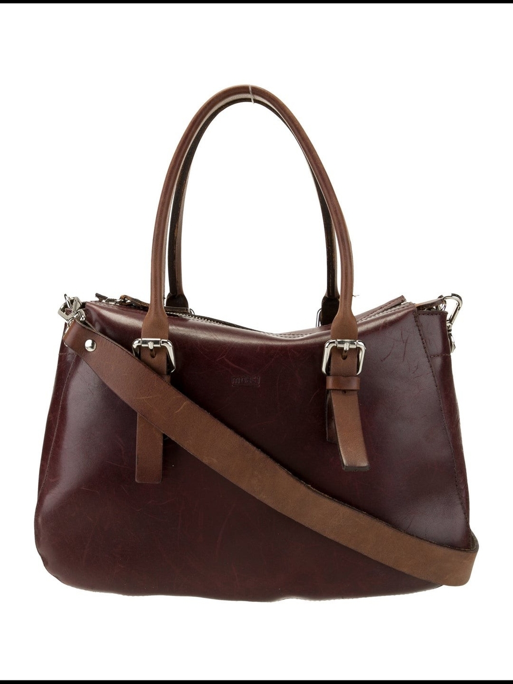M0851 Two-Tone Leather Shoulder Bag in Burgundy and Brown - Picture 3 of 6